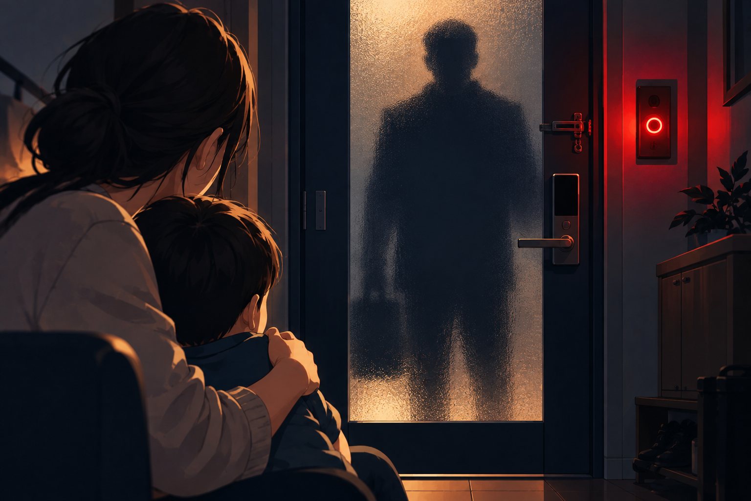 현관 유리 너머의 그림자