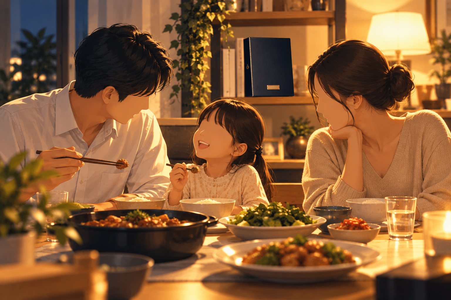 불 켜진 식탁에 둘러앉은 가족